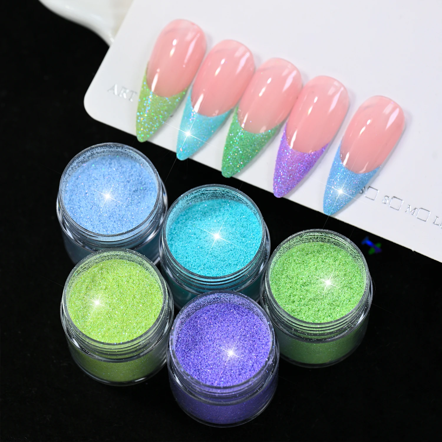 5Jars Shimmer Sugar Sand Nail Powder Macaron Green Blue Purple Tone Nails Pigment Dust DIY French Tip Manicure Salon Decorations