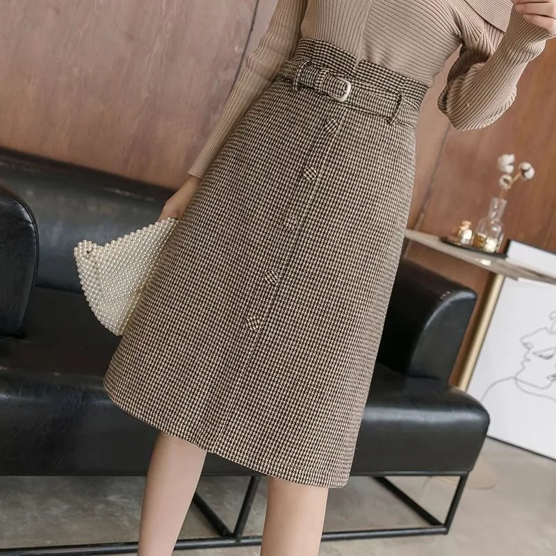 

New Plaid Wool Mid-length Skirt High Waist Slimming Houndstooth Skirt A-line Skirt Women