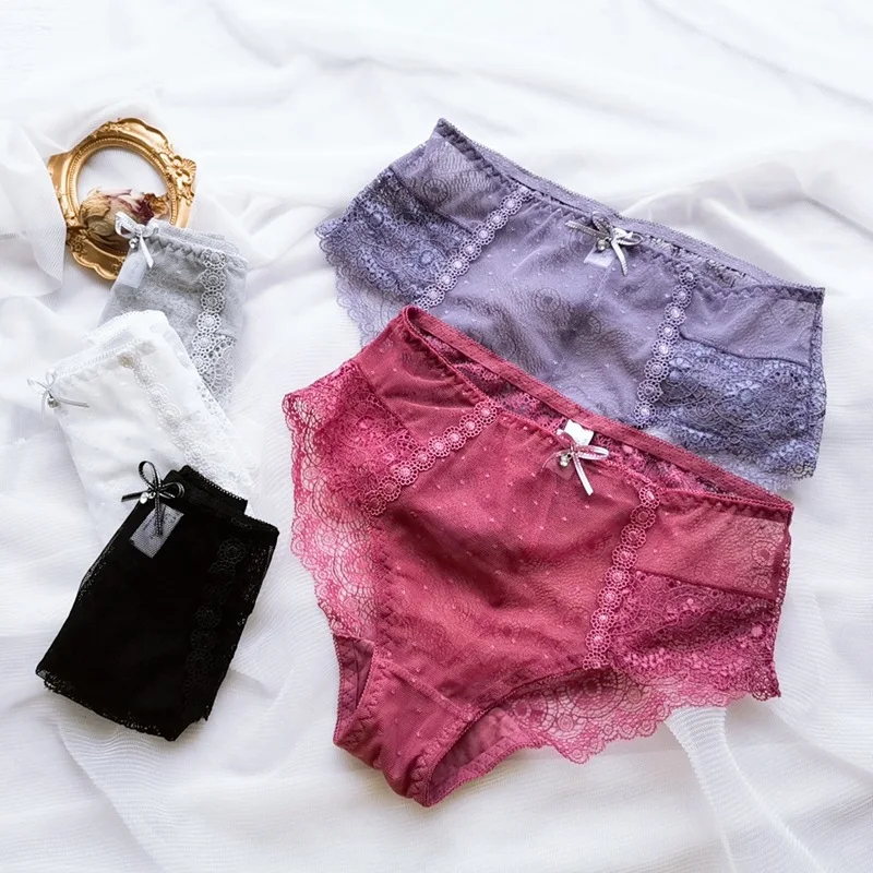 Female Summer Quick Dry Lingerie Soft Thin Mesh Transparent White Underwear Women Sexy Bow Hollow Out Panties Big Size 6XL