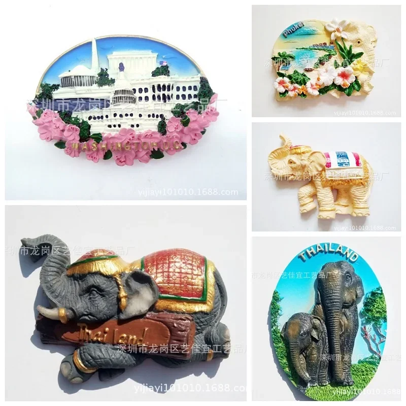 Resin Refrigerator Magnets Tourism Thailand Elephant Thai US White House City Travel Craft Fridge Magnet Souvenir Stickers Gifts