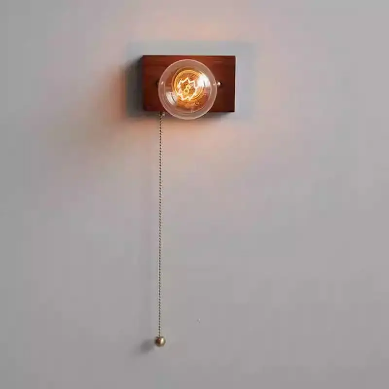 

Japanese retro medieval walnut log porch creative decoration bedside bedroom with switch pull wire wall lamp