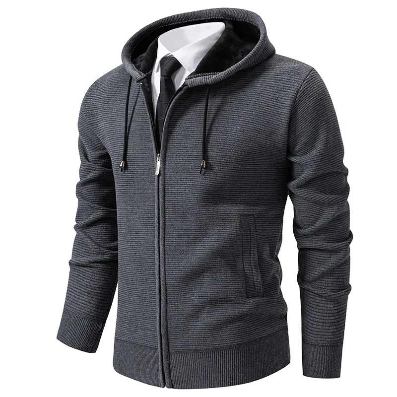 

Men's Korean Style Hooded Cardigan, Winter Plush Lined Sweater Jacket, Business Casual Zip Up Fleece Coat, Regular Fit Thermal