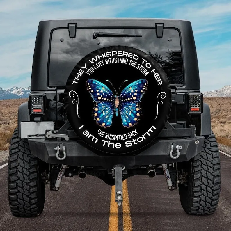 I am the Storm, Spare Tire Covers for Women, Blue Butterfly Tire Cover compatible with Jeep, Bronco, RVs and Campers, Backup cam