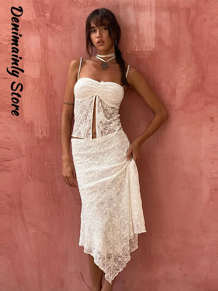Fashion Women's Lace Sling Slit Top Skirt Sets Hollow Out Patchwork Vest Irregular Long Skirts 2026 Summer Beach Holiday Suit