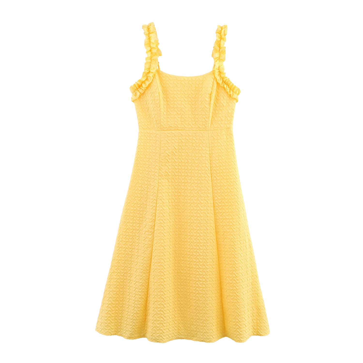 ZBZA 春の新レディースファッションデザイン木製エッジ耳装飾エンボスストラップドレスエレガントなハイウエストノースリーブミディドレス