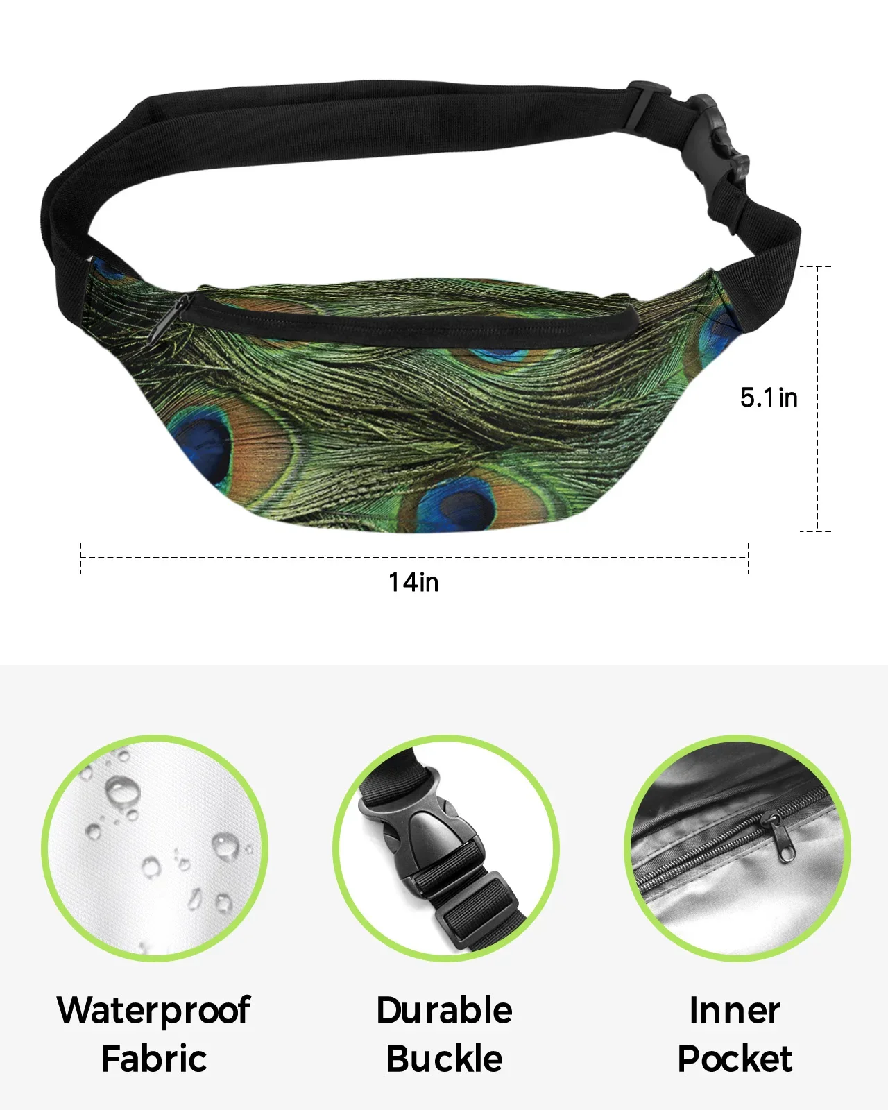 Green Animal Peacock Feather Men Women Waist Bag Fanny Pack Purse Large Phone Belt Bag Wallet Pouch Waterproof Banana Hip Bags