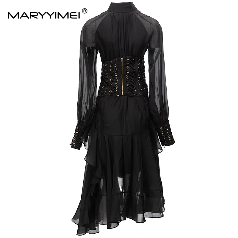 MARYYIMEI Fashion Designer Women's dress Standing collar Lantern Sleeve Ruffles Asymmetrical Bodycone Draw String Dresses