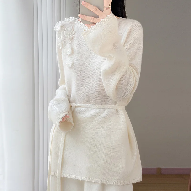 Round neck three-dimensional flower lace-up long pure cashmere sweater women's sweater fashion slim sweater
