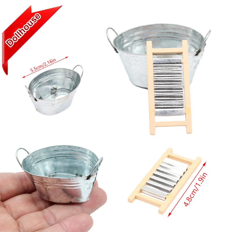 2Pcs/Set 1:12 Dollhouse Miniature Washboard Iron Bucket Bathroom Model Decor Toy Doll House Accessories