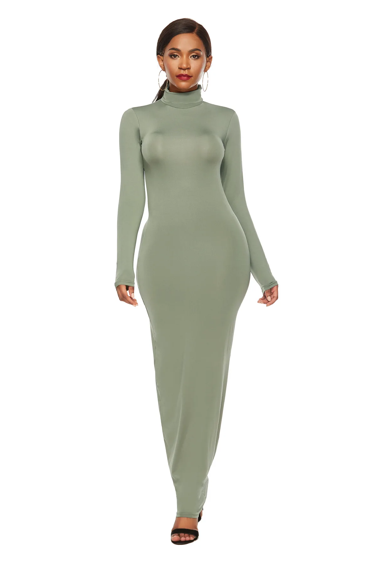 Wiosna Jesień Jednolity kolor Smukłe długie sukienki Kobiety Wysoki dekolt Długi rękaw Pakiet Hip Bodycon Sukienka Trendy Lady Dojazdy do pracy Vestidos