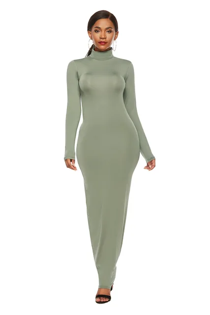 Wiosna Jesień Jednolity kolor Smukłe długie sukienki Kobiety Wysoki dekolt Długi rękaw Pakiet Hip Bodycon Sukienka Trendy Lady Dojazdy do pracy Vestidos