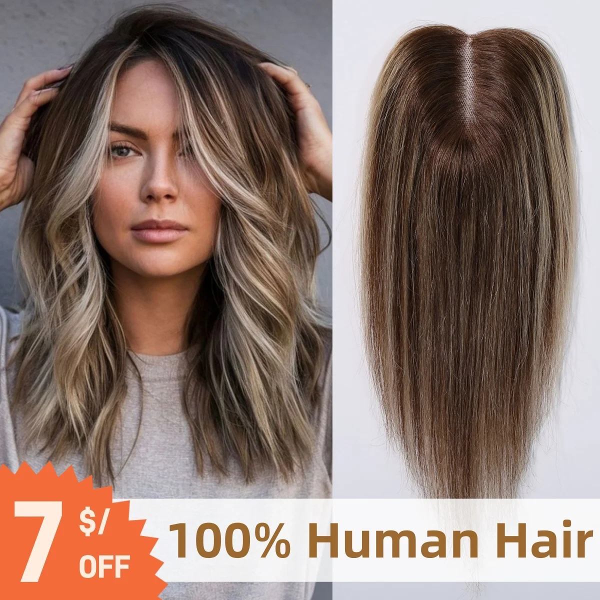 Brown Mixed Blonde Human Hair Toppers Middle Part 100% Remy Human Hair Straight Lace Base Clip in Hairpieces for Women Loss Hair