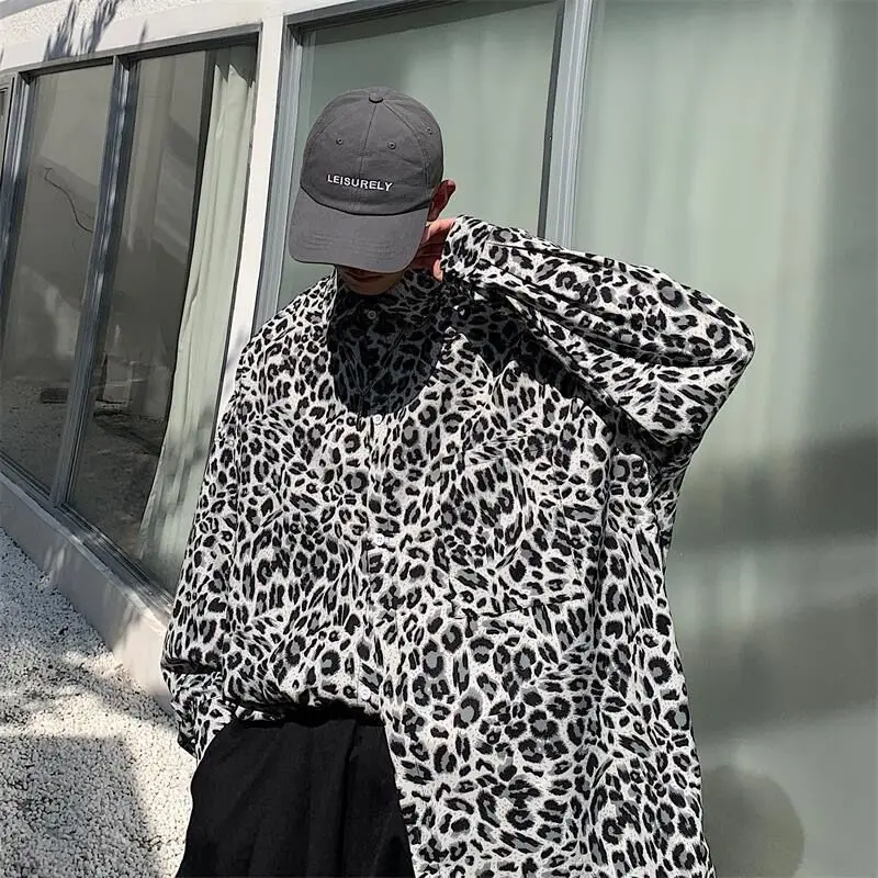 Y2K Chic Kpop Ins Vibe Leopard Men Blouse Shirt Oversize M-XXL Handsome Party Night Club Hippie Gothic Streetwear Animal Pattern