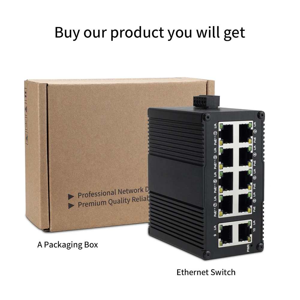 Commutateur industriel Gigabit Ethernet à 10 ports, fibre de réseau non gérée, 10RJ45 (PoE), 30W, 60W, 90W/ Din Rail