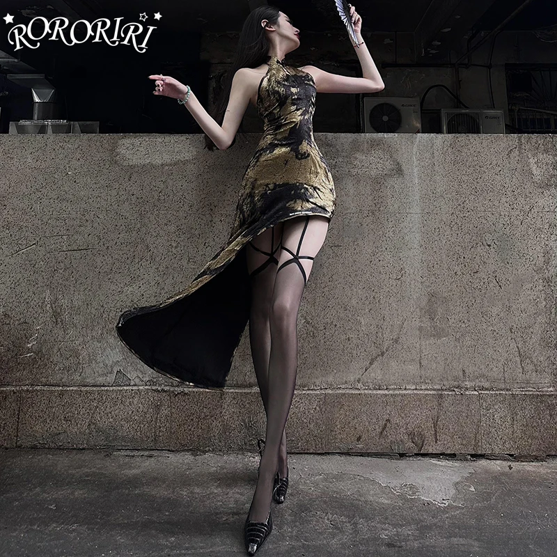 RORORIRI Luxury Gold Neo-Chinese Women Cheongsam Halter Cut-out Backless Slit Asymmetric Sexy Mini Bodycon Dress Vintage Clothes