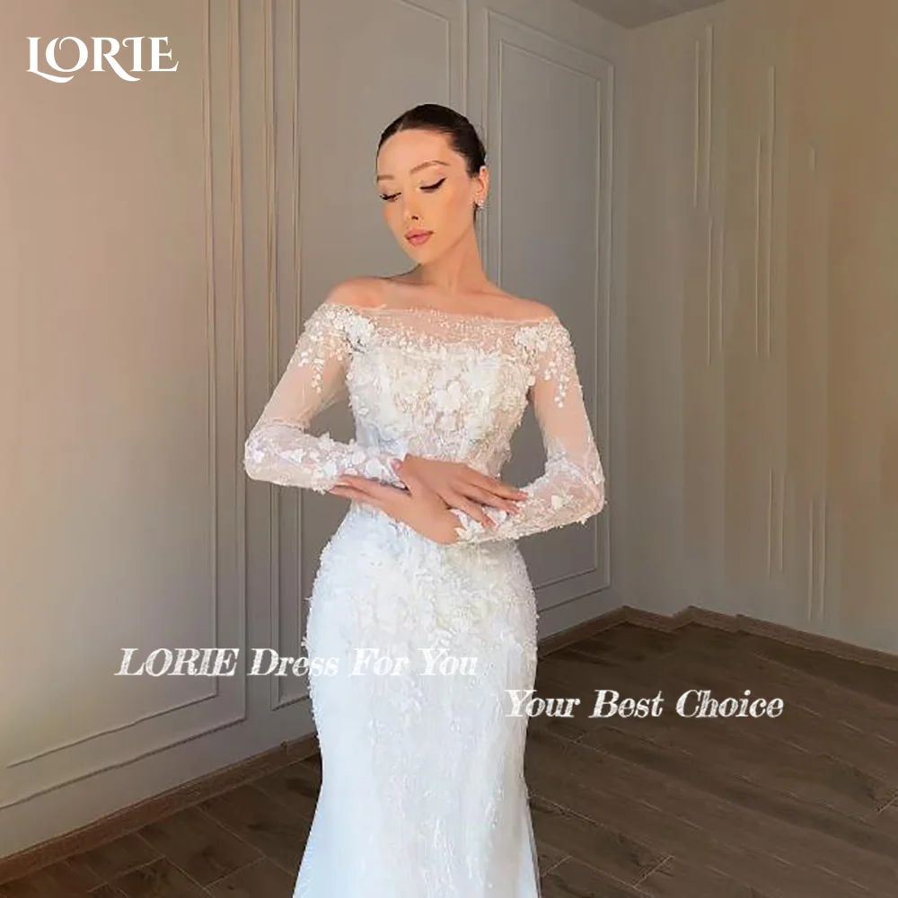 

LORIE Flared Sleeve 3D Flower Mermaid Wedding Dress Off Shoulder Lace Appliques Bridal Gown Customized Backless Bride Dress
