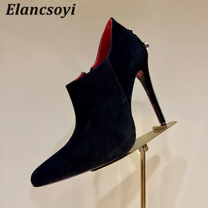 Pumps Real Leather High Heels Women Metal Sword Pointed Toe Zipper Thin Heels Ankle Botas Autumn Winter Sexy Party Dress Shoes