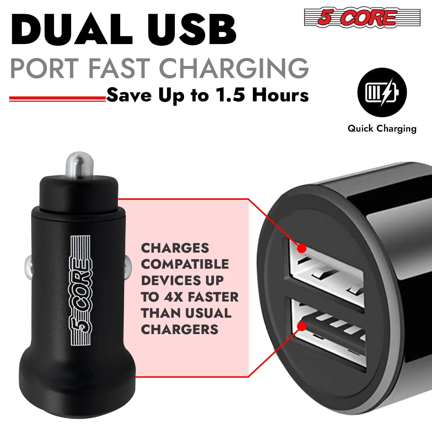 USB Car Charger Cigarette Lighter Adapter Dual USB Port Adapter 12/24 V Fast Charging - CDKC13 1Pc