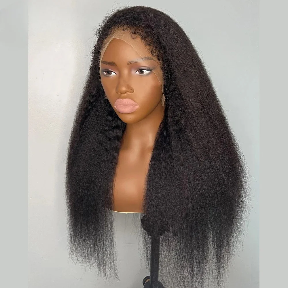 Soft Long Glueless 24Inch Kinky Straight Yaki Natural Black Lace Front Wig For Women With Baby Hair Synthetic Preplucked Daily