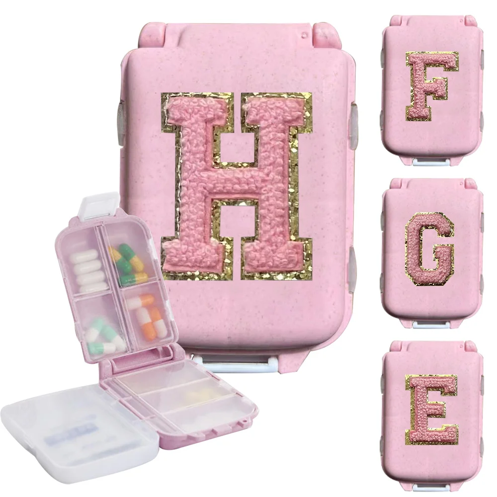 Pink Letter Embroidered Logo Pattern 8-grid Vertical Medicine Box Portable Daily Medicine Box with Lock Pharmacy Container