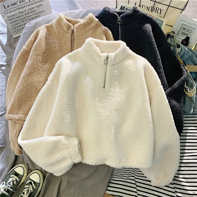 Y2k New Cashmere High Collar Short Hoodies Women Clothes Thicken Loose Autumn Zipper Coat Pure Apricot Harajuku Sweatshirt Femme