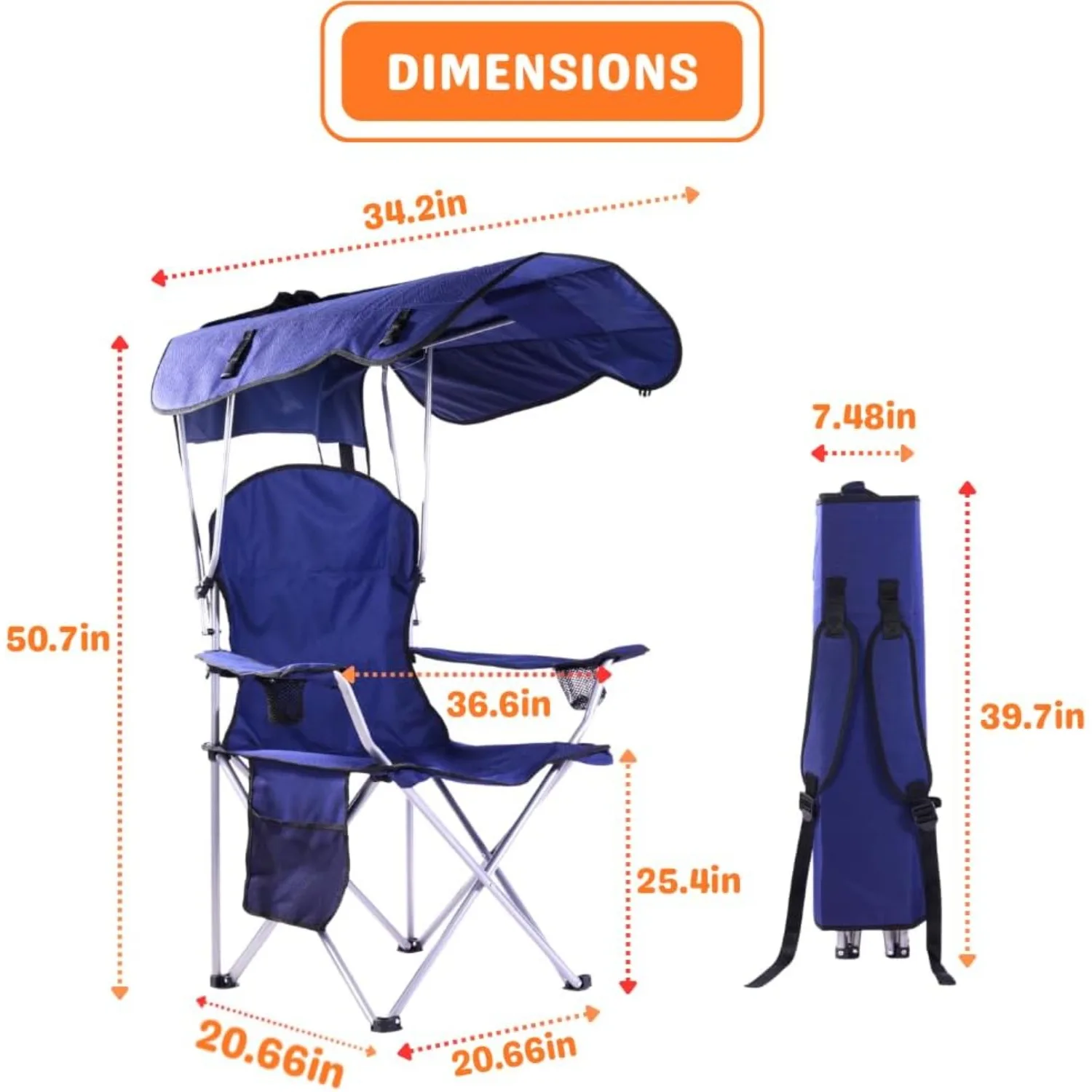 Portable folding camping chair with sunshade, adult beach chair, durable weather resistant 600D Oxford cloth [navy blue]
