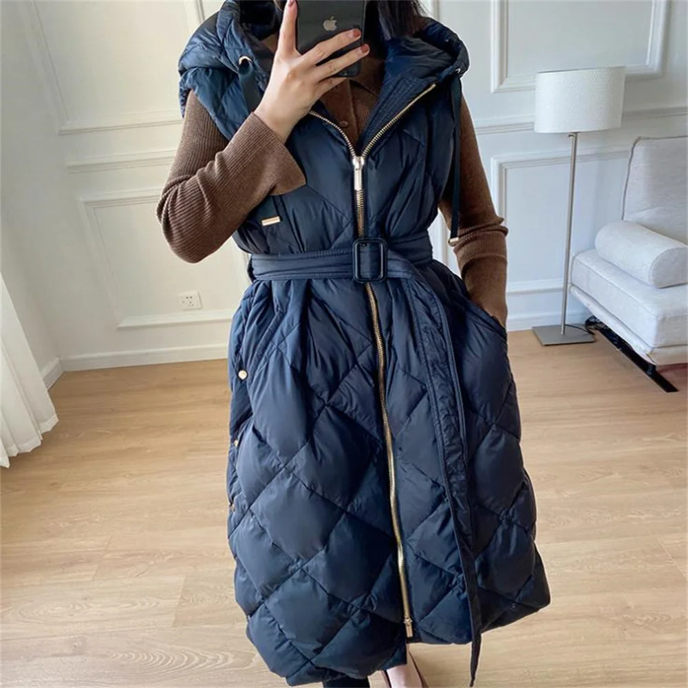 High vest down jacket women long waist close fitting belt zip white duck down hood Lingge thickened winter