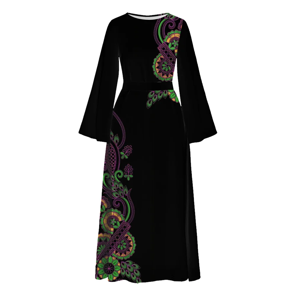 Demure Muslim Female Abaya Luxury Dubai Turkey Caftan Floral Printed Maxi Dress Casual Ramadan Islam Long Sleeve Tunic Robe