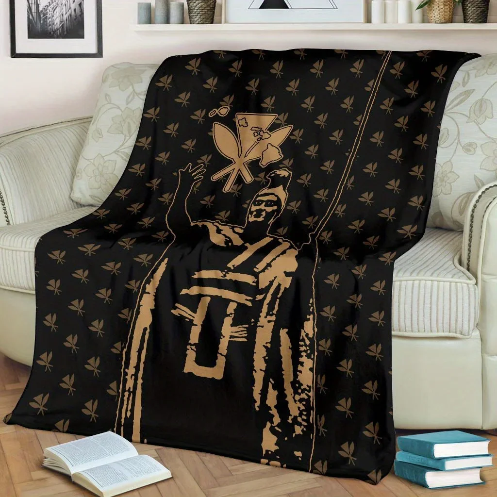 Custom 1pc Hawaiian King Kaneka Luxury Throw Blanket - Polynesian Royalty Black & Golden Design With Staff - Soft Flannel All-Se