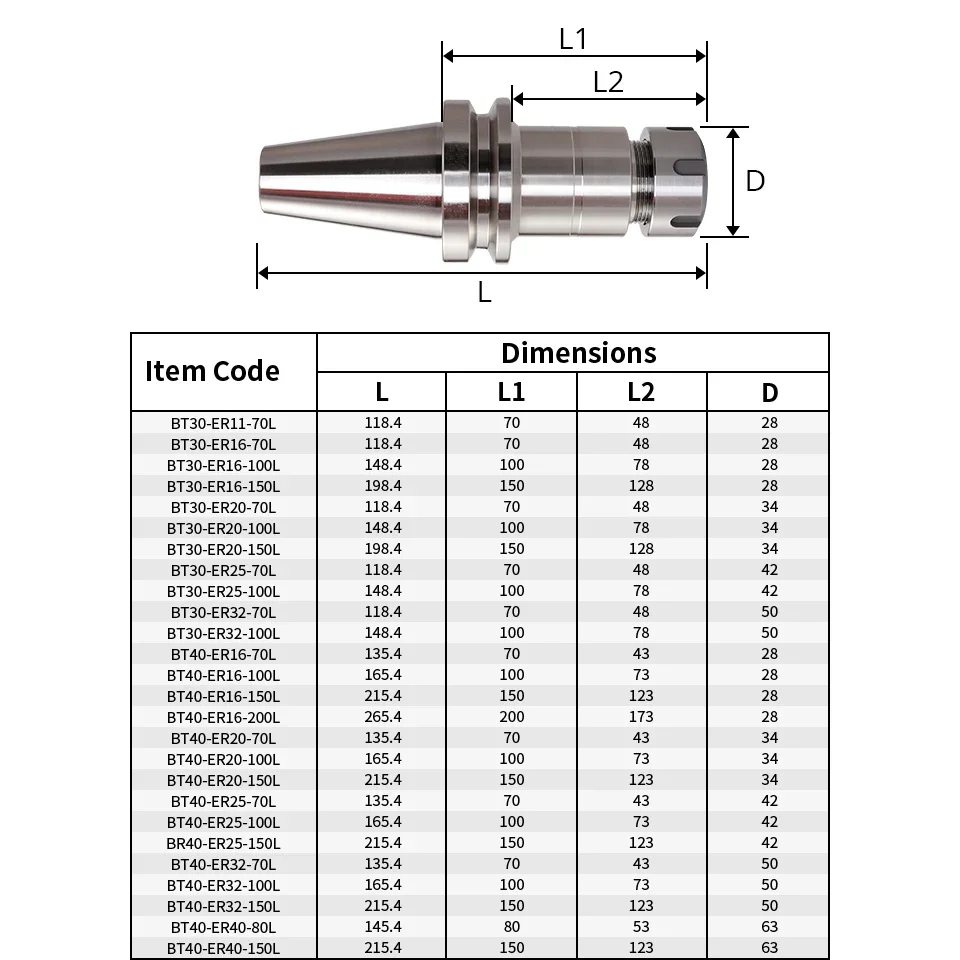 Bt40 balanceamento dinâmico BT-ER coletar mandril er16 er20 er25 er32 70l 100l centro de usinagem cnc suporte de ferramenta de eixo