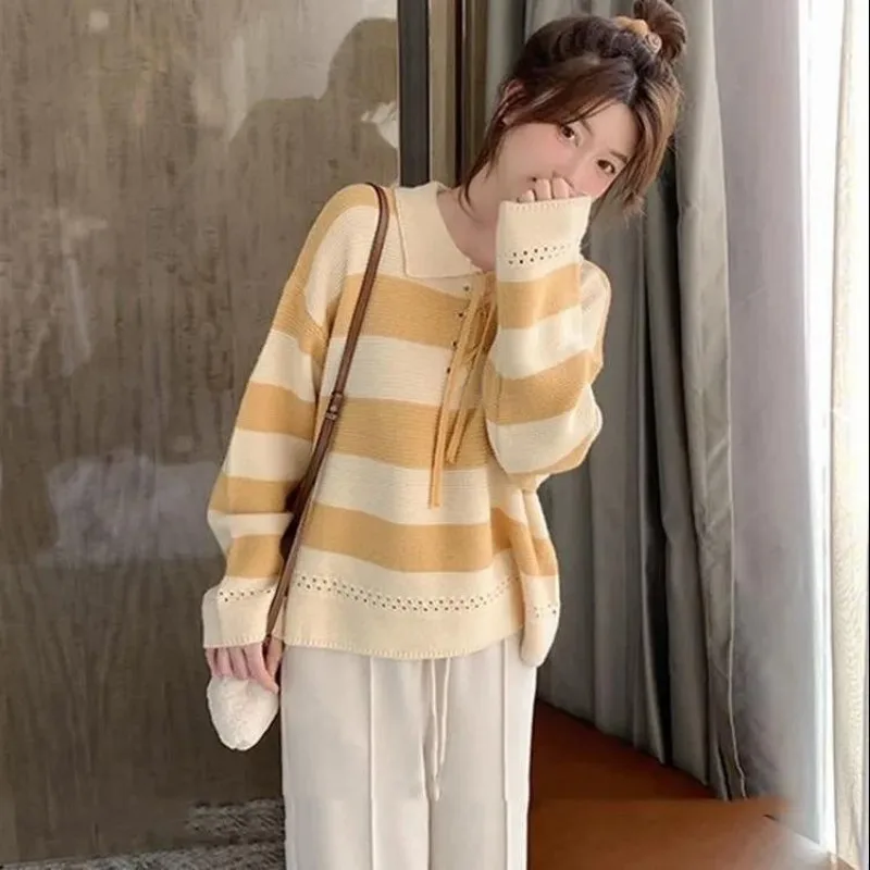 Women Autumn Korean Striped Fashion Appear thin Turn-down Collar Long sleeve Knitwear Ladies trend All-match sweet knitting tops