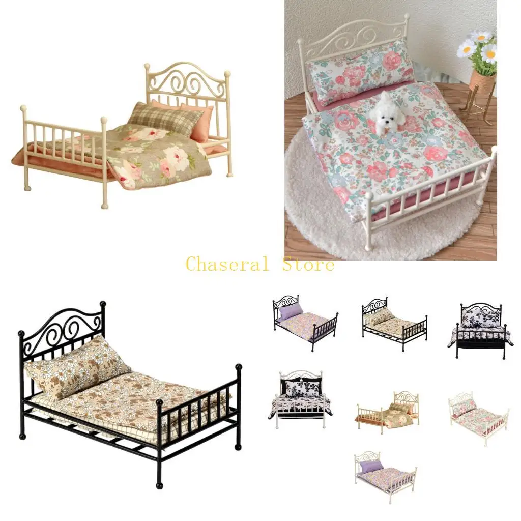 

E7CE Изысканная миниатюрная модель спальни из ткани с металлическим каркасом в масштабе 1:12