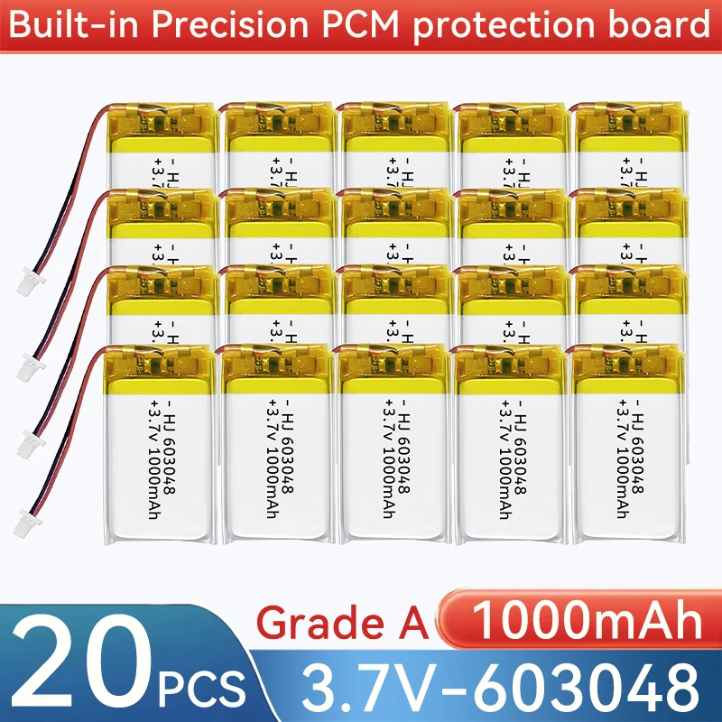3.7V 1000mAh 603048 Lithium Polymer LiPo Battery for 303048 403048 503048 703048 803048 903048 103048+PH2.0 XH2.54 jst1.25 plug