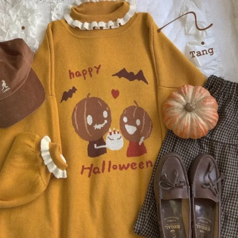 Harajuku Cartoon Pumpkin Sweaters Women Vintage Lace Neck Long Lantern Sleeve Pullovers 2024 Autumn Winter Chic Streetwear Mujer