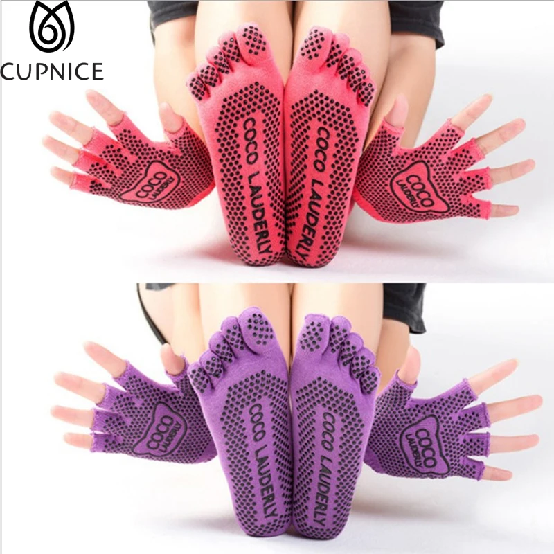 Women Yoga Silicone Socks Gloves Sets Half Toe Five Toed Non Slip Ladies Sports Socks Five-Finger Gloves