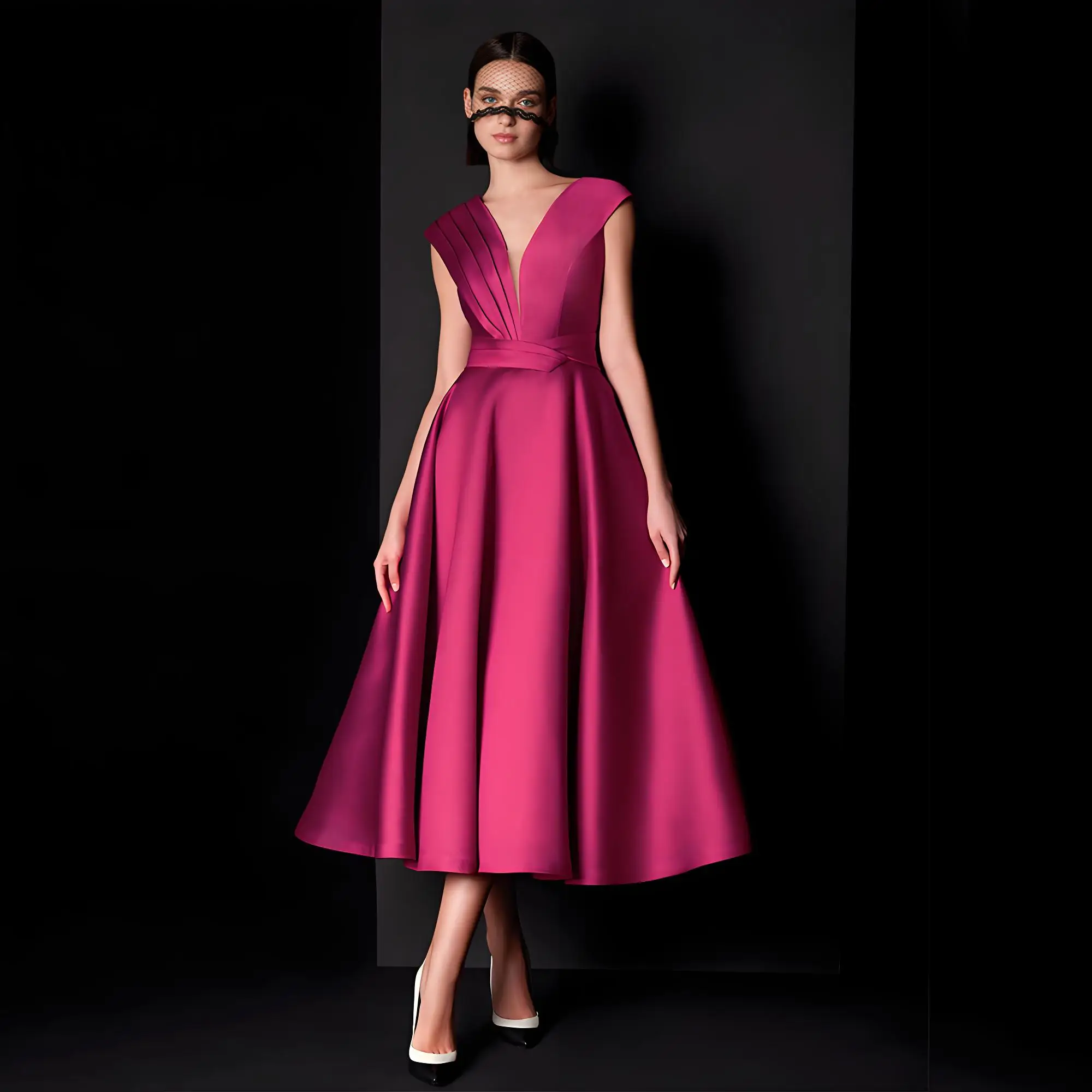 

Beshinel Customized Rose Red Satin V Neck Sleeveless Evening Dresses Robes De Soirée Tea Length Formal Occasion Prom Gowns 2025