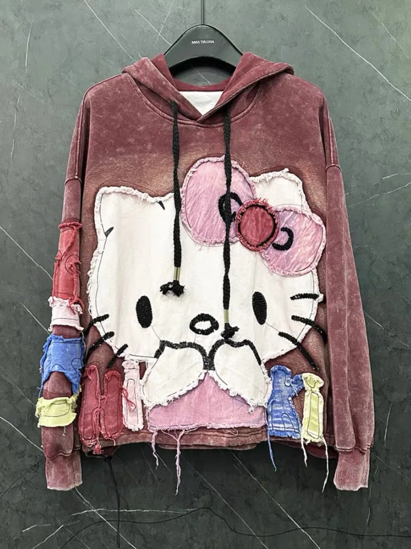 

Spring Autumn Heavy Craftsmanship PATCH Embroidered Hello Kitty Sweatshirt Women Loose Sweet Age Reducing Hoodies Kawaii Clothes