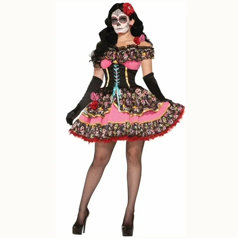 

Halloween Party Mexican Day of The Dead Flower Fairy Ghosts Bride Dress Adult Women Scary Skull Vampire Zombie Cosplay Costume