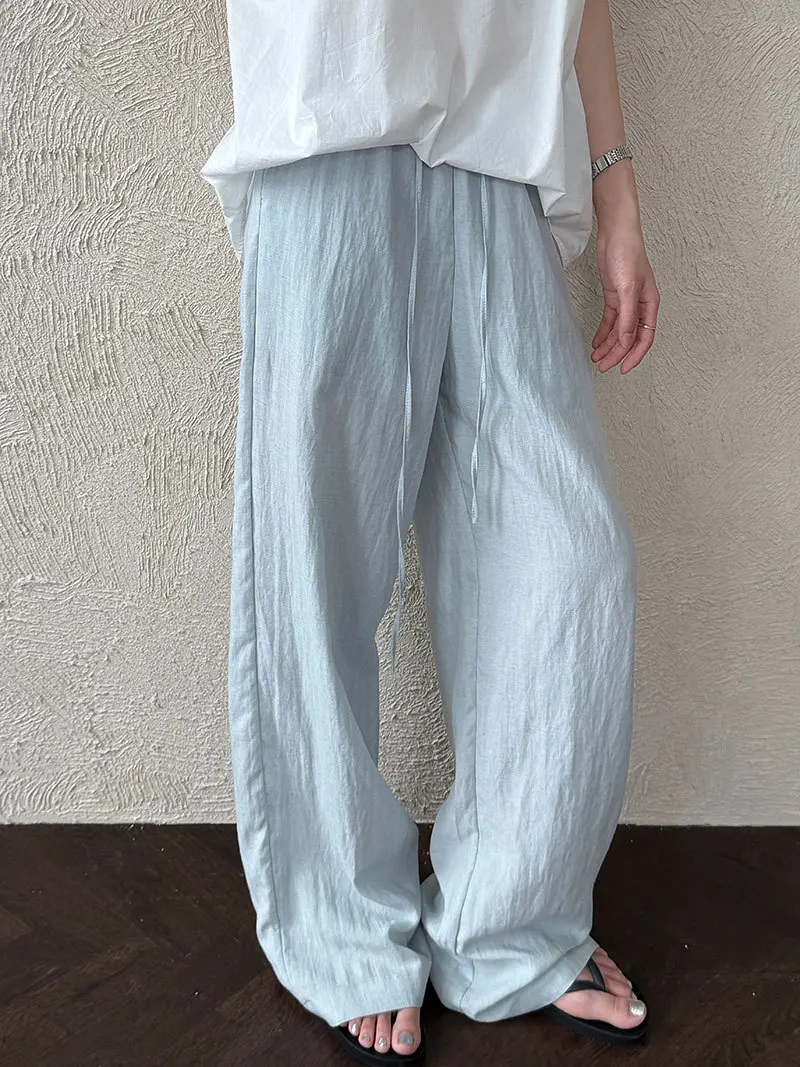 Women Summer Cotton And Linen Thin Pants Stretch Lace-Up High Waist Blue Pink Color Long Pants Female Trousers Women Clothes