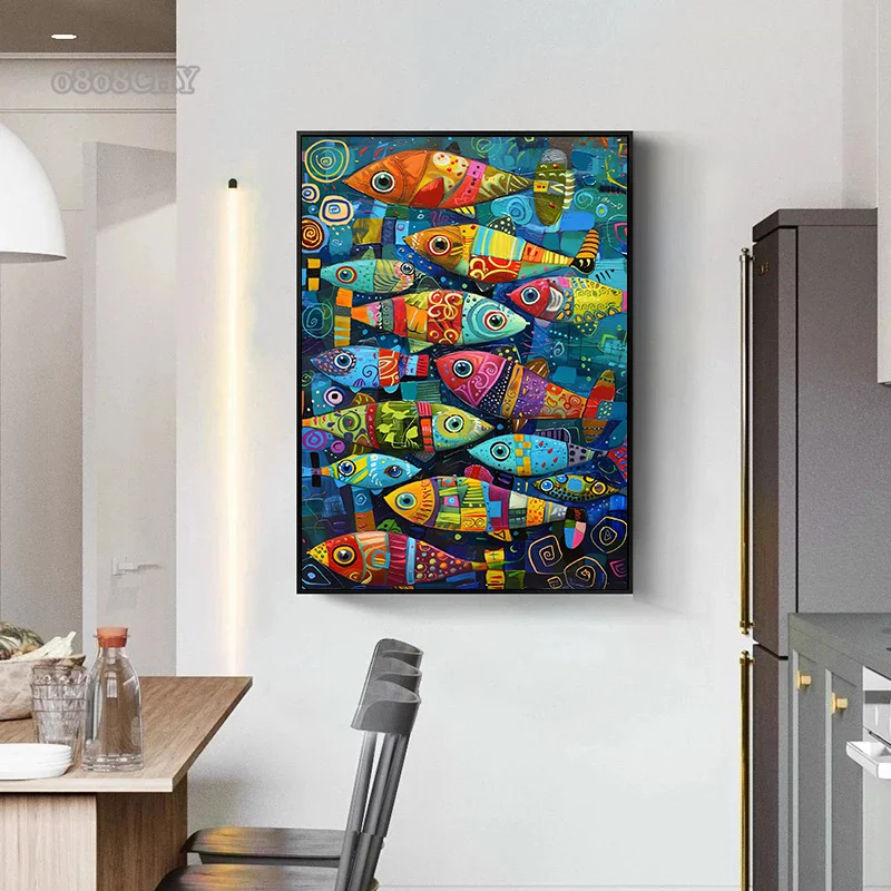 Vintage Fish Kitchen Wall Art Decor Mural Abstract Colorful Fish Art Canvas Prints Posters for Retro Home Kitchen Decor Pictures
