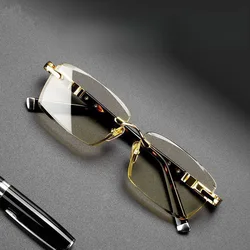 KLASSNUM Men Reading Glasses Rimless Cut Edge Presbyopic Glasses Anti Blue Light Anti Fatigue Plus Glasses Presbyopia Clear Lens