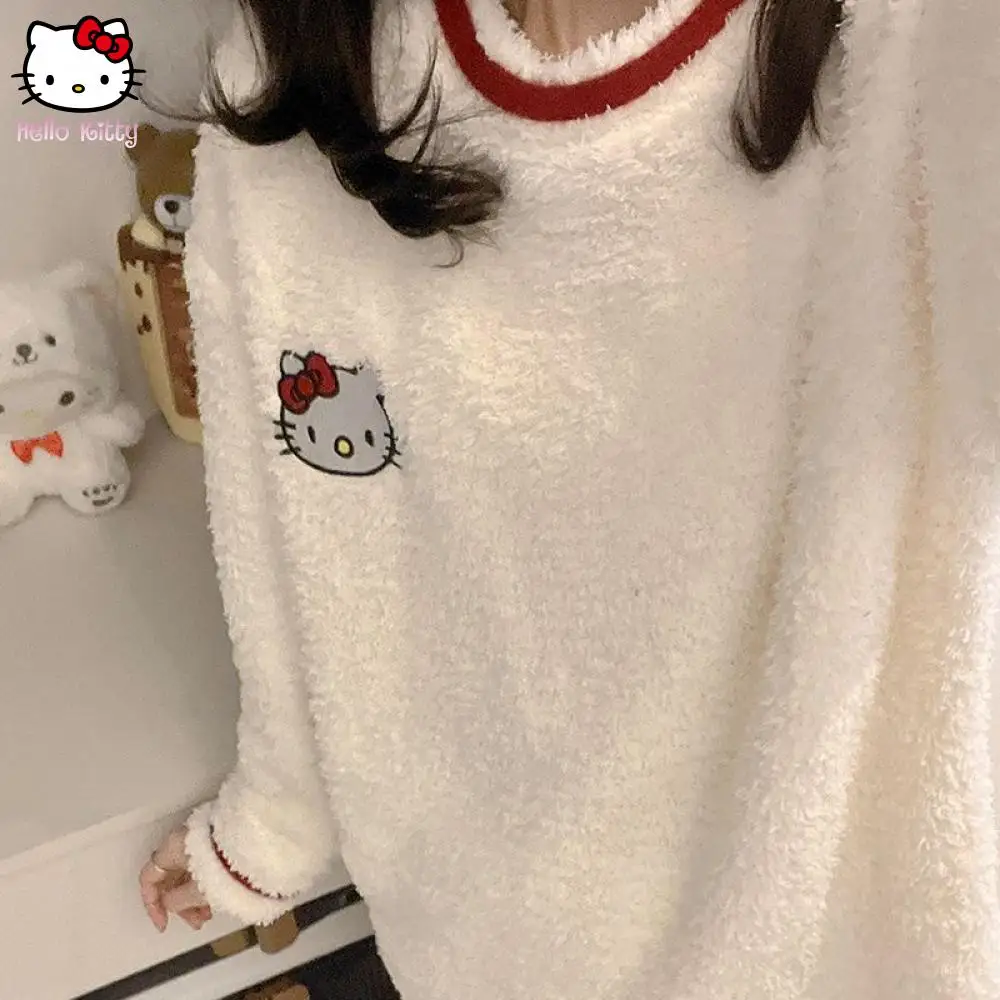 ملابس نوم نسائية شتوية جديدة من سانريو نصف صوف كاجوال برقبة دائرية طقم ملابس منزلية مريحة وناعمة كرتونية دافئة #5