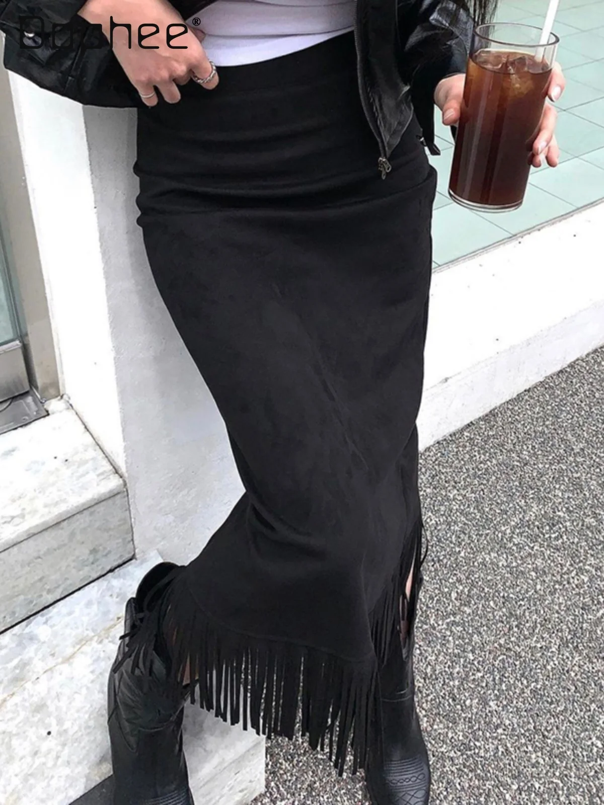 Black Tassels Long Skirt Sexy High Waist Split Slim Wrap Hip Skirt 2024 Spring Autumn New Fashion Streetwear Female Trend