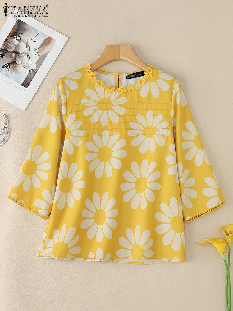 Camicette stampate floreali da donna 2025 ZANZEA Moda estiva O Collo Manica 3/4 Camicia da vacanza Casual Blusas allentati Bohemain Top femminili