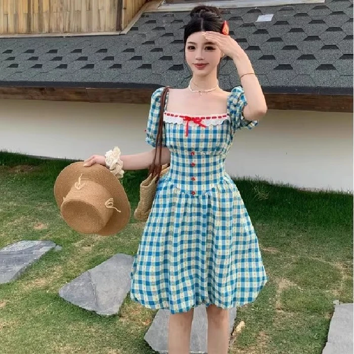 Vestidos de manga curta das mulheres petite primavera gaze frisado em camadas puff manga império cintura fairycore fofo sonhador bonito doce picante