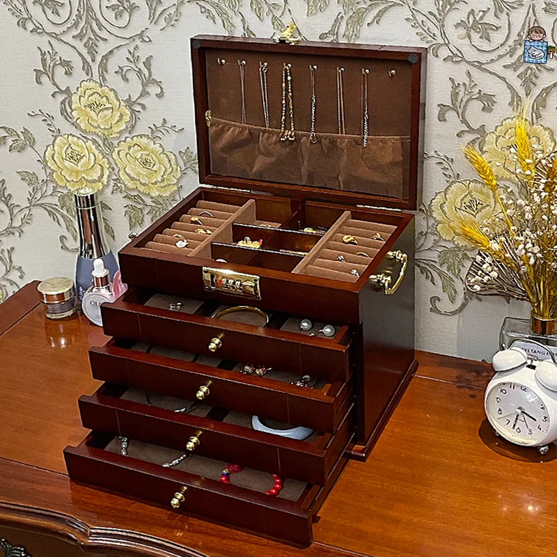 

Wooden Jewelry Storage Box Retro Bracelet Necklace Storage Box Multilayer Trinket Organizer Container Women's Ring Earring Case