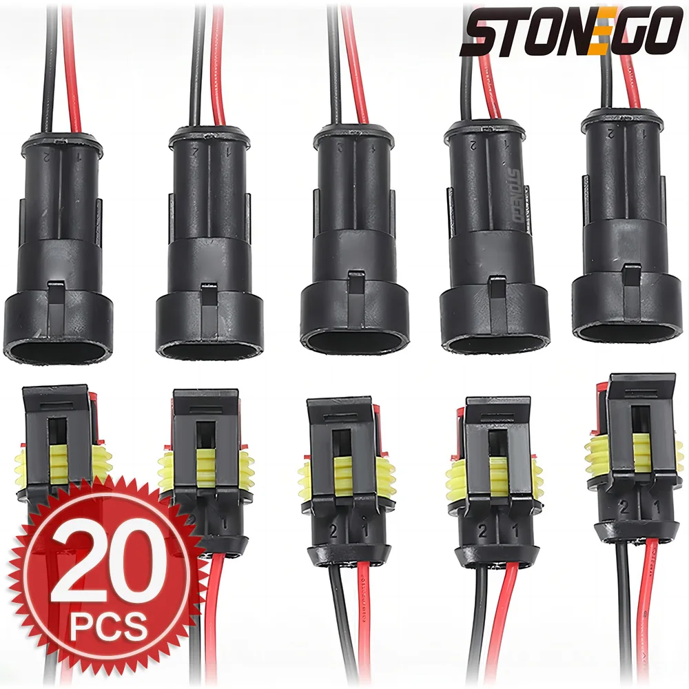 STONEGO 5/10 Pairs Waterproof 2-Pin Electrical Connectors with Wire for Car, Motorcycle, Scooter, and Marine Use