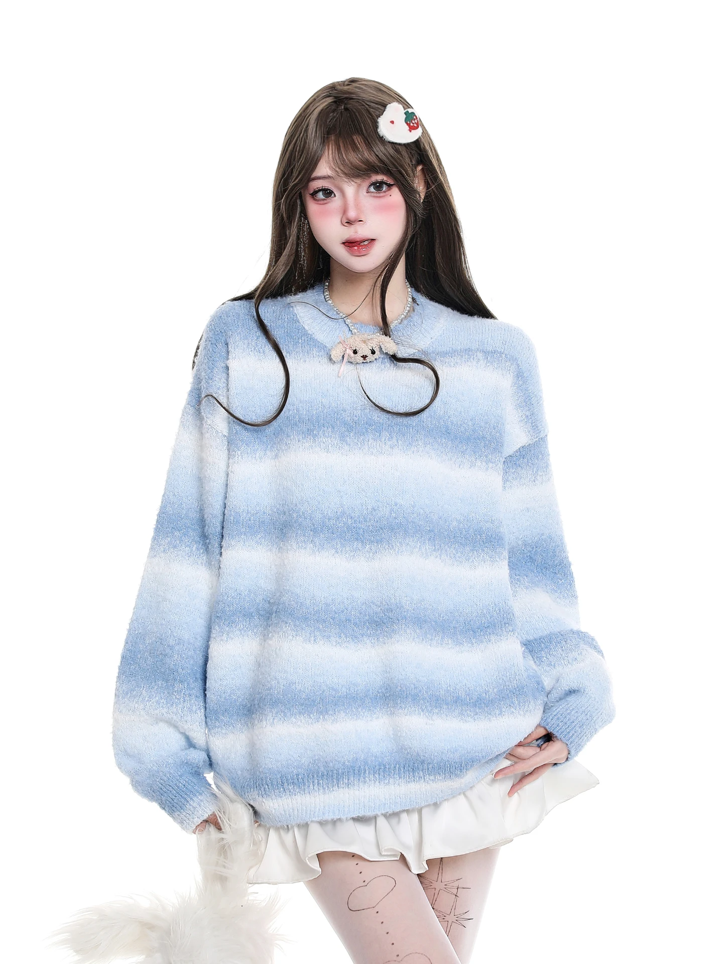 American Sweet Gradient Color Block Striped round Neck Pullover Sweater for Women Loose Lazy Style Soft Nourishing Knitted Shirt