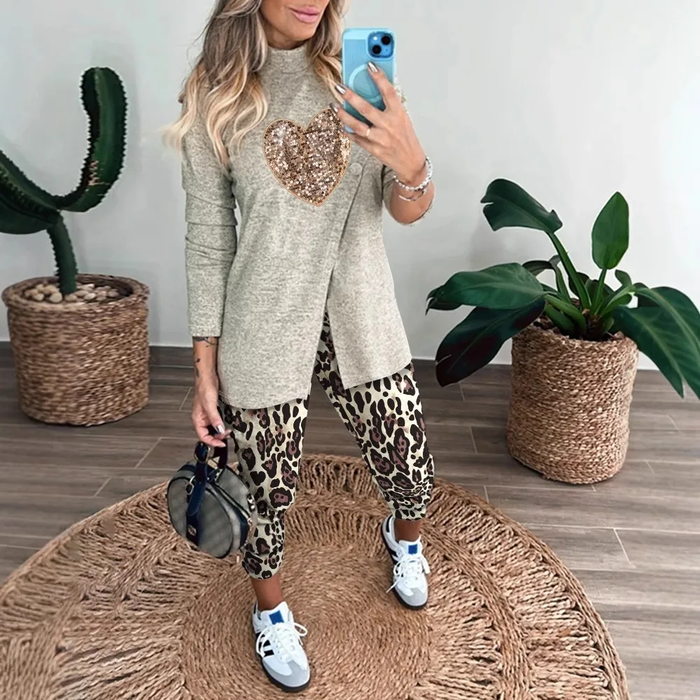 Women 2 Piece Heart Pattern Contrast Sequin Mock Neck Long Sleeve Slit Top Leopard Print High Waist Cuffed Pants Lounge Sets