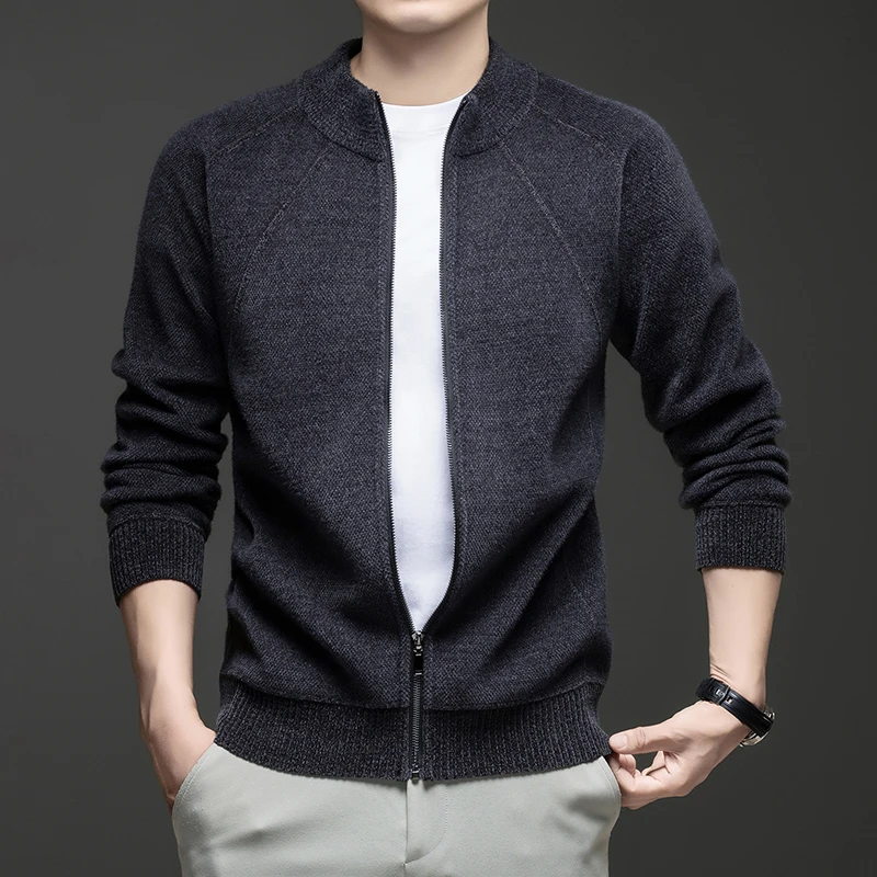 

2025 New Autumn and Winter Men's Long Sleeve Stand Collar Zipper Knit Cardigan Thickened Sweater Solid Color Cas Outerwear